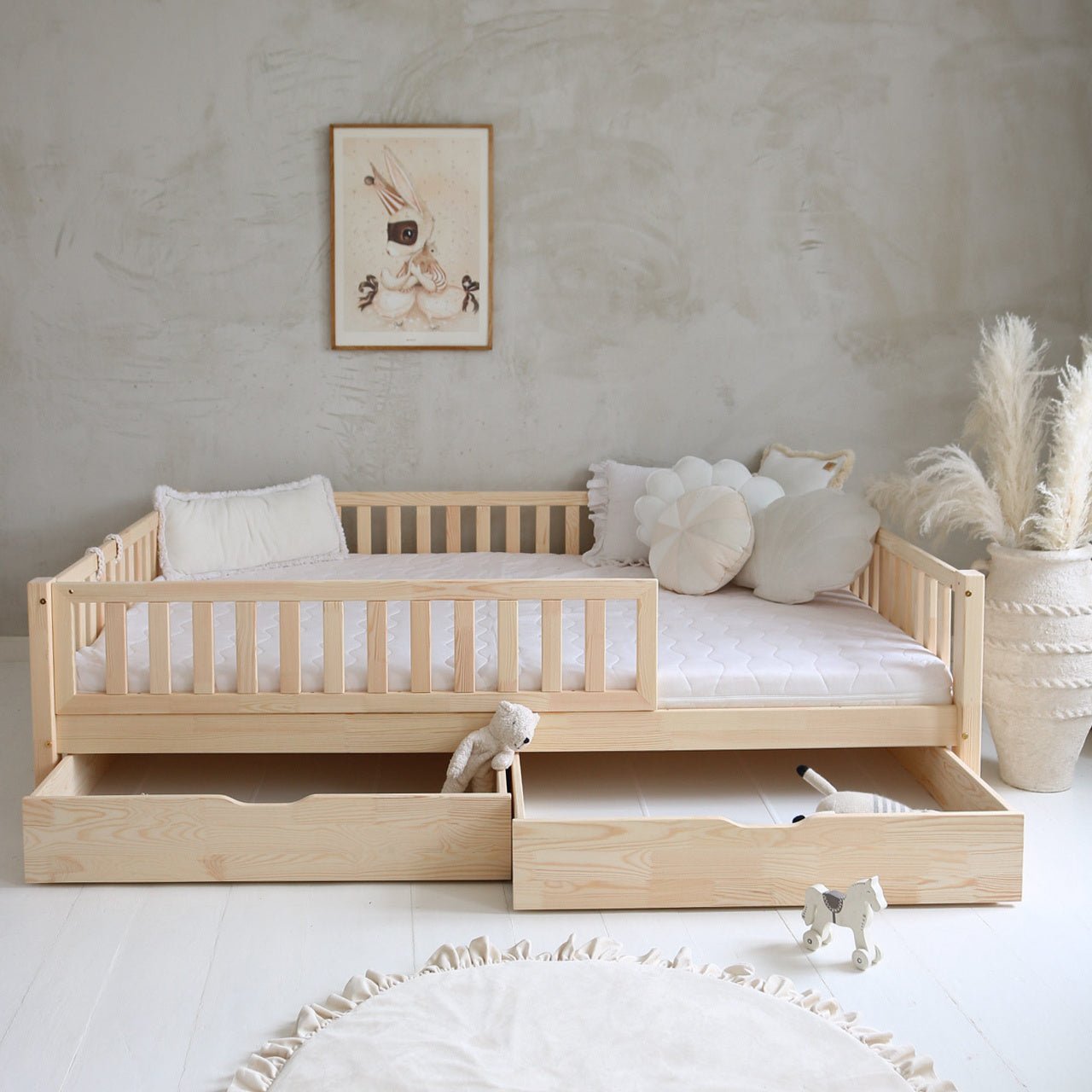 Cama montessori con cajones almacenamiento SORIA 140 x 200 cm, de pino macizo - MINIPIU