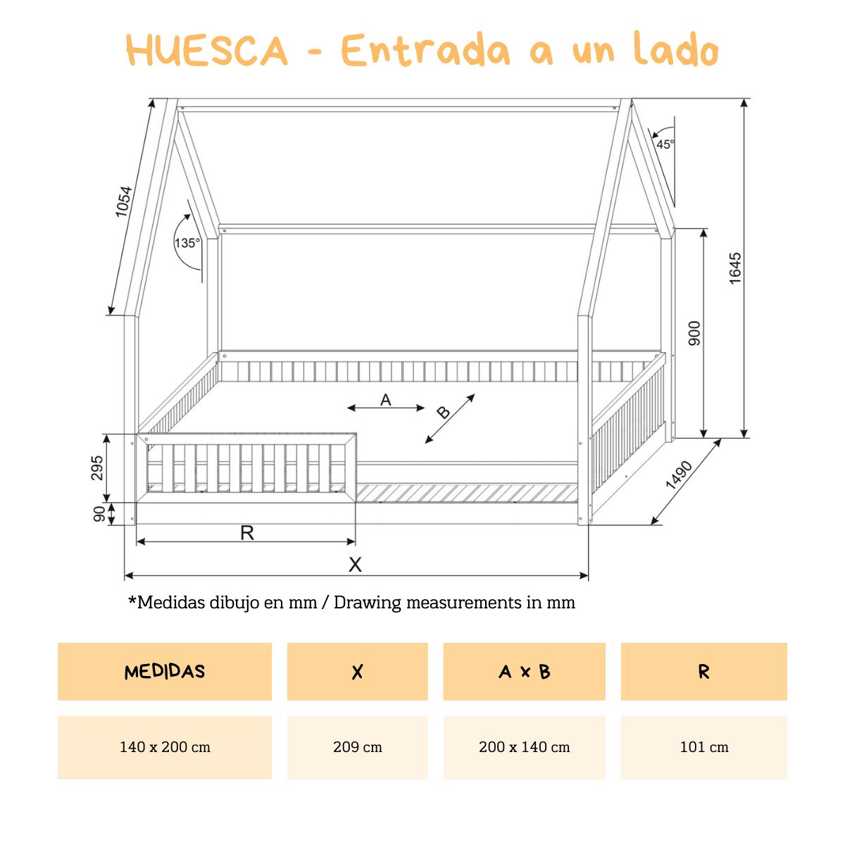 Cama casita montessori HUESCA 140 x 200 de pino macizo - MINIPIU