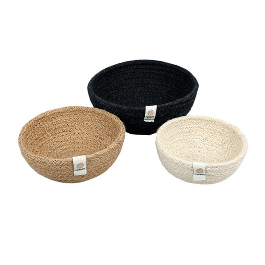 Set of 3 jute baskets in earth, white and black colors