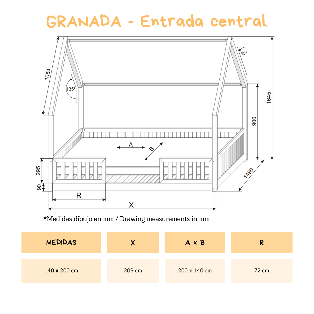 GRANADA montessori bäuerliches Bett GRANADA 140 x 200 aus massiver Kiefer