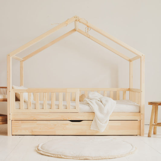 Cama casita nido montessori cajón HUELVA 90 x 190, de pino macizo