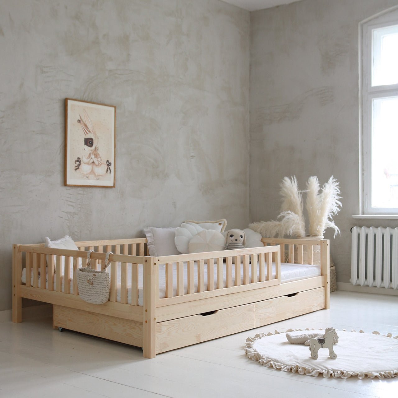Cama montessori con cajones almacenamiento SORIA 140 x 200 cm, de pino macizo - MINIPIU