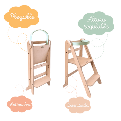 Vista de torre de aprendizaje plegable montessori plegada y torre abierta indicando que la altura del taburete es regulable según la edad o altura del niño