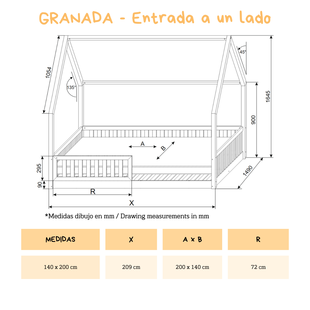 GRANADA montessori bäuerliches Bett GRANADA 140 x 200 aus massiver Kiefer