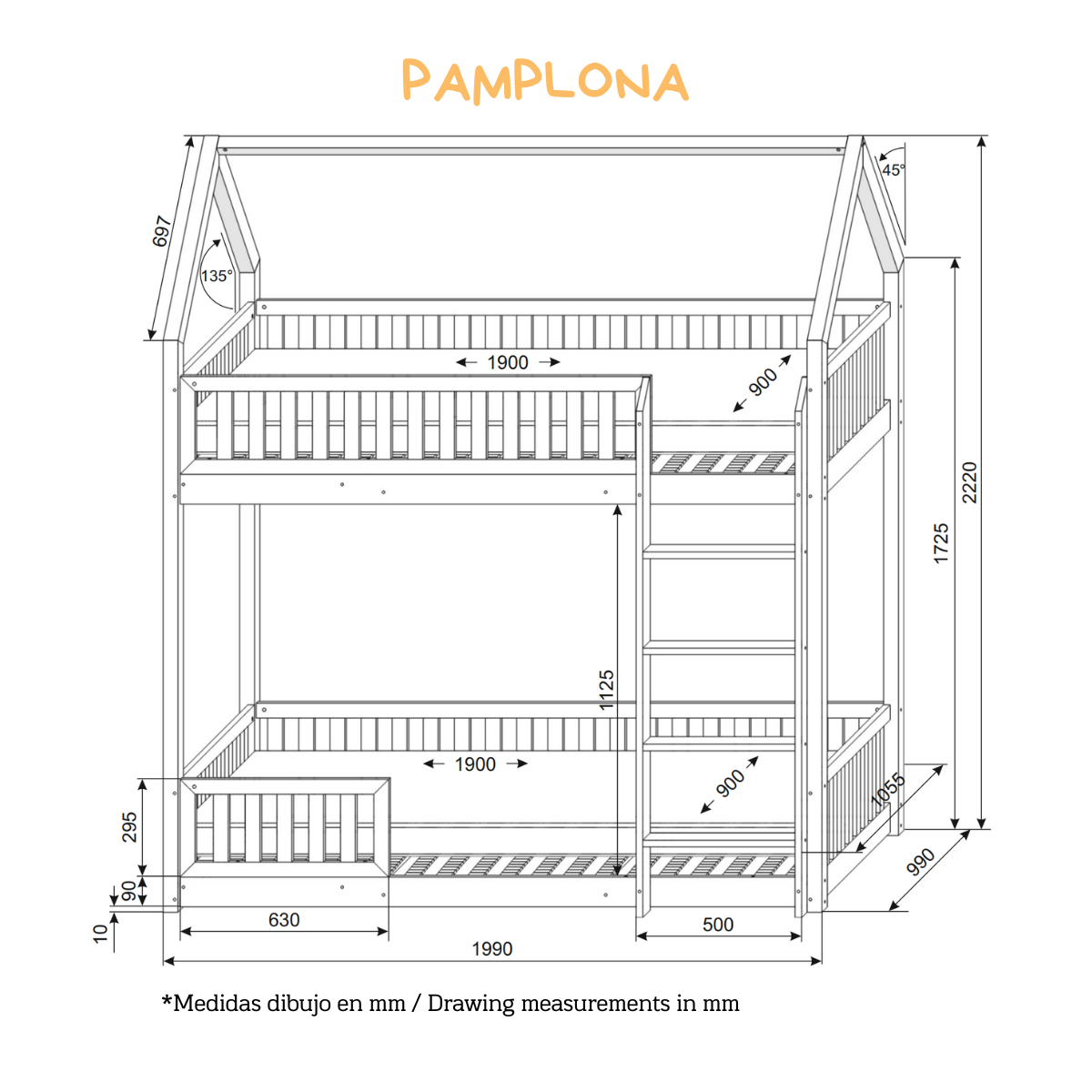 Lit superposé maison montessori PAMPLONA 90 X 190, pin massif