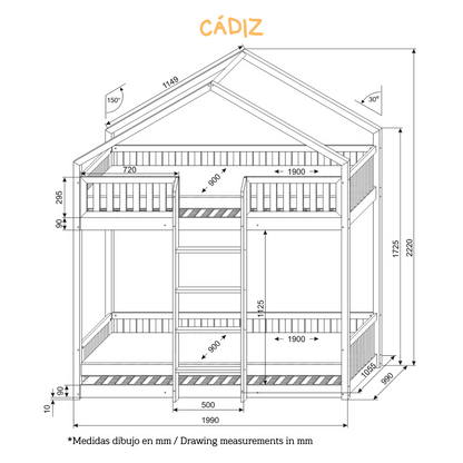 Letto a castello montessoriano CÁDIZ 90 X 190, pino massiccio