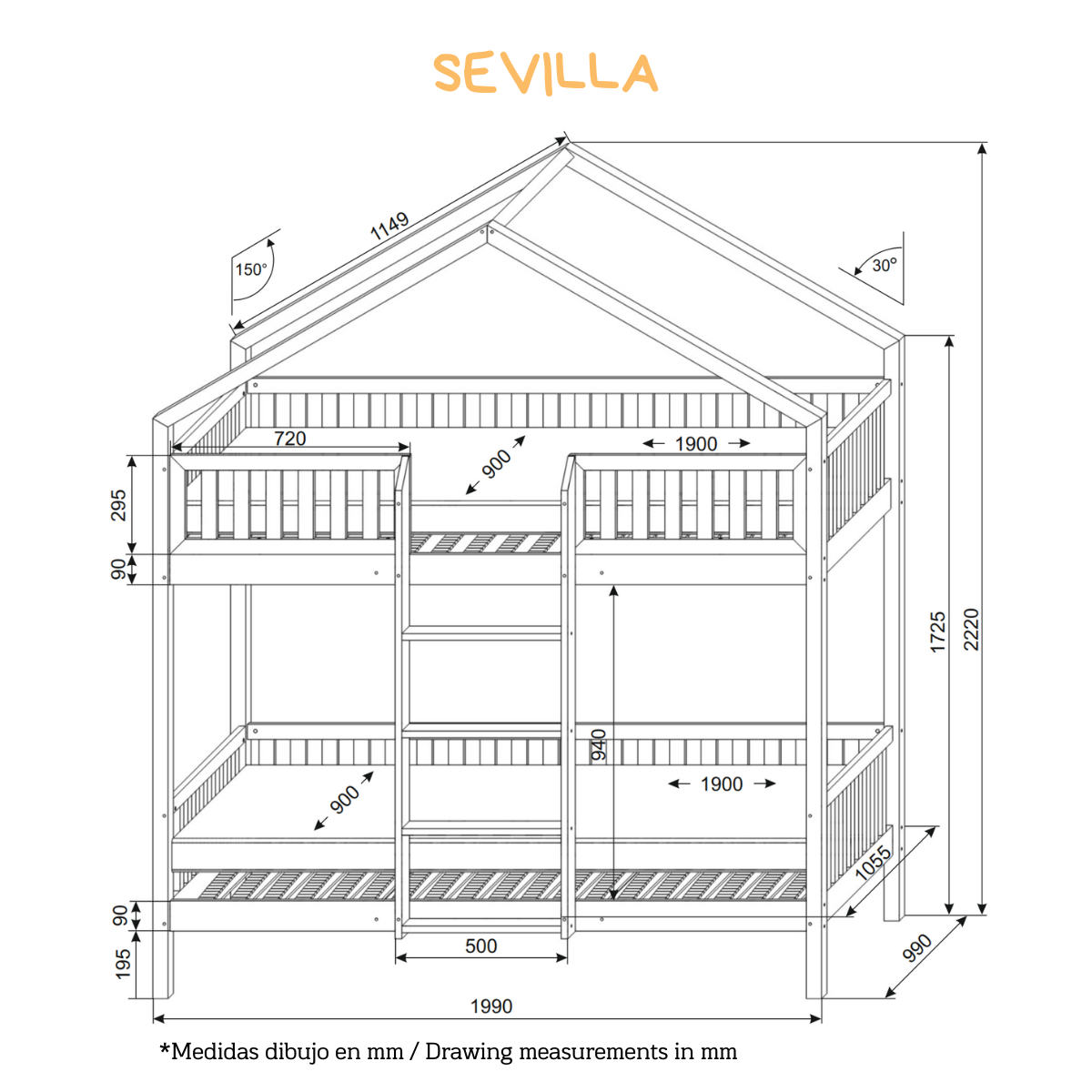 Letto a castello montessoriano a cassetto SEVILLA 90 X 190, pino massiccio