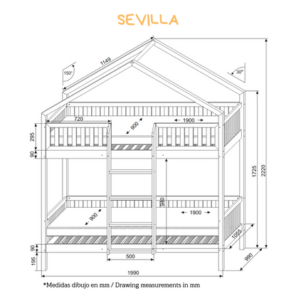 Lit superposé montessori cottage à tiroir SEVILLA 90 X 190, pin massif