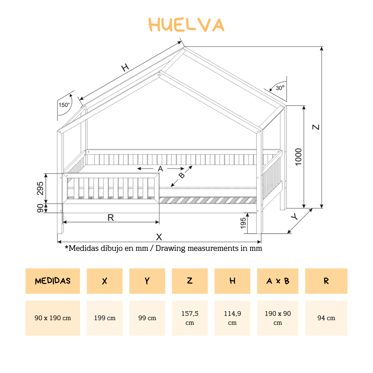 HUELVA 90 x 190 letto a scomparsa montessoriano con cassetto, in pino massiccio