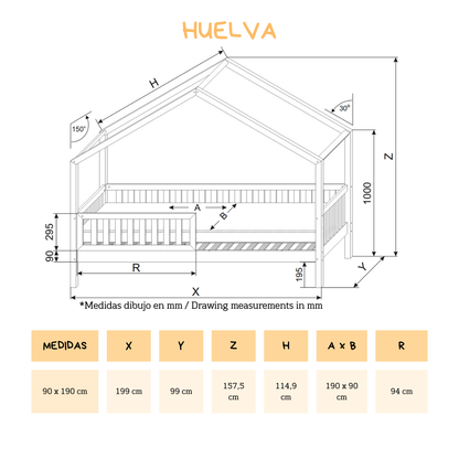 HUELVA 90 x 190 letto a scomparsa montessoriano con cassetto, in pino massiccio