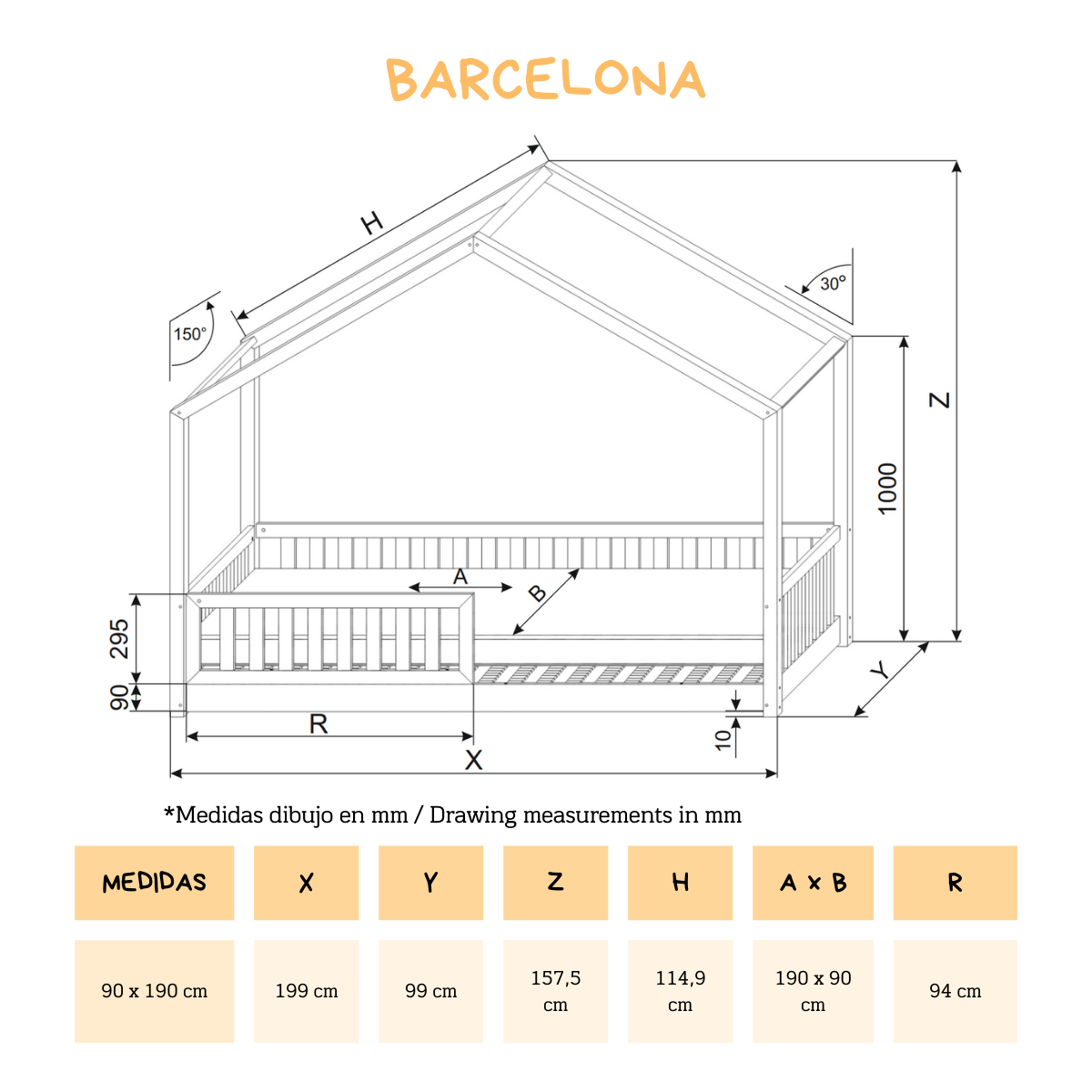 BARCELONA letto a casetta montessoriano 90 x 190 in pino massiccio