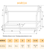 Dibujo técnico y medidas de la cama nido Montessori "Murcia" de MINIPIU, con medidas detalladas.
