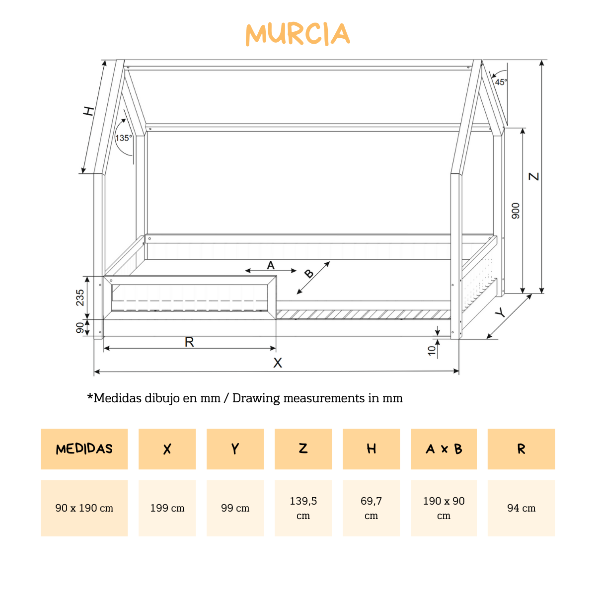 MURCIA lit cottage montessori 90 x 190 en pin massif