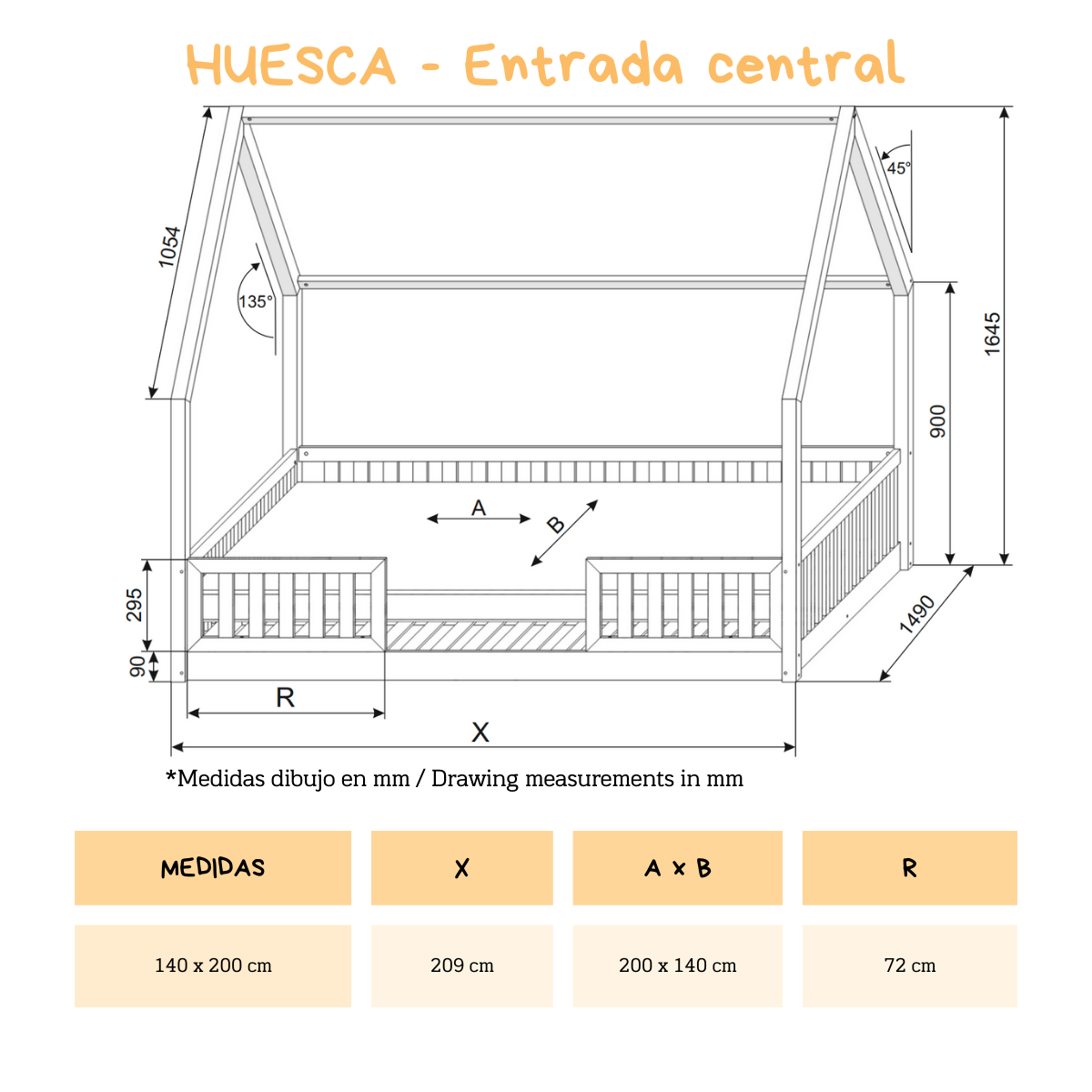 HUESCA letto a casetta montessoriano 140 x 200 in pino massiccio