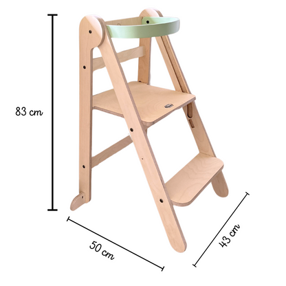 Torre de aprendizaje montessori plegable con medidas de la estructura abierta