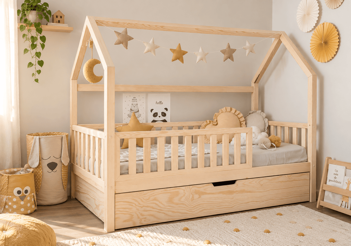 Cama casita Montessori evolutiva PALENCIA de madera de pino natural 105 x 190 cm con cajón cama debajo y barrera frontal, en dormitorio infantil con guirnalda de estrellas