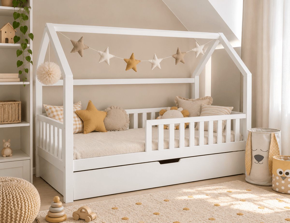 Cama casita Montessori evolutiva PALENCIA 105 x 190 cm en blanco con cajón cama debajo, barrera frontal y guirnalda de estrellas, en habitación infantil abuhardillada
