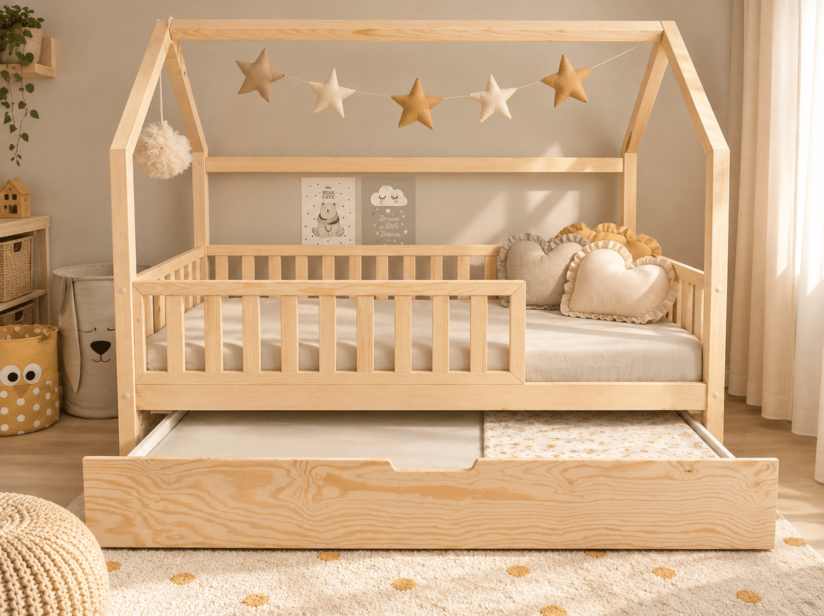 Cama casita Montessori evolutiva PALENCIA 105 x 190 cm en pino natural con el cajón cama extraído, vista frontal con barrera y guirnalda de estrellas
