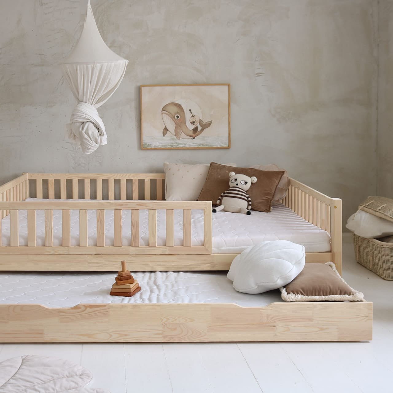 Cama montessori nido con cajón MÁLAGA 140 x 200 cm, de pino macizo - MINIPIU