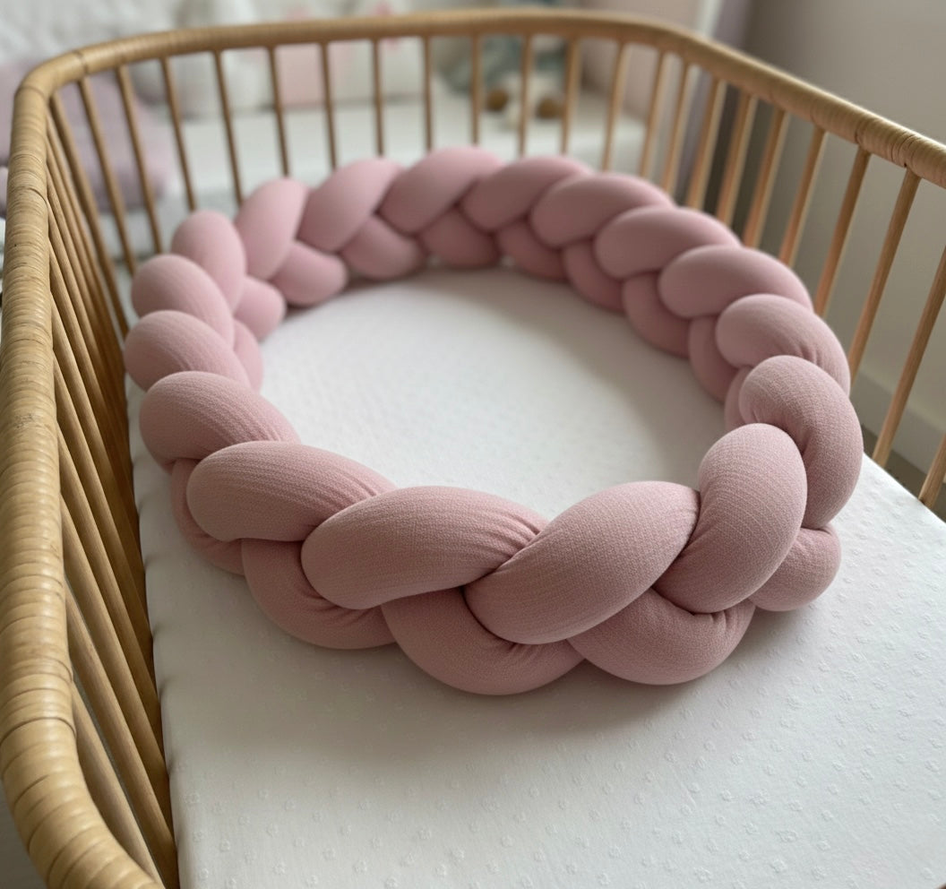 Trenza protectora para cuna y cama artesanal MUSELINA ROSA