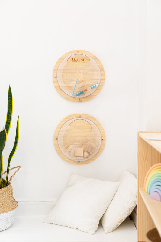 Solid pine wood hanging hemispheres, ideal for organizing toys in children's rooms.